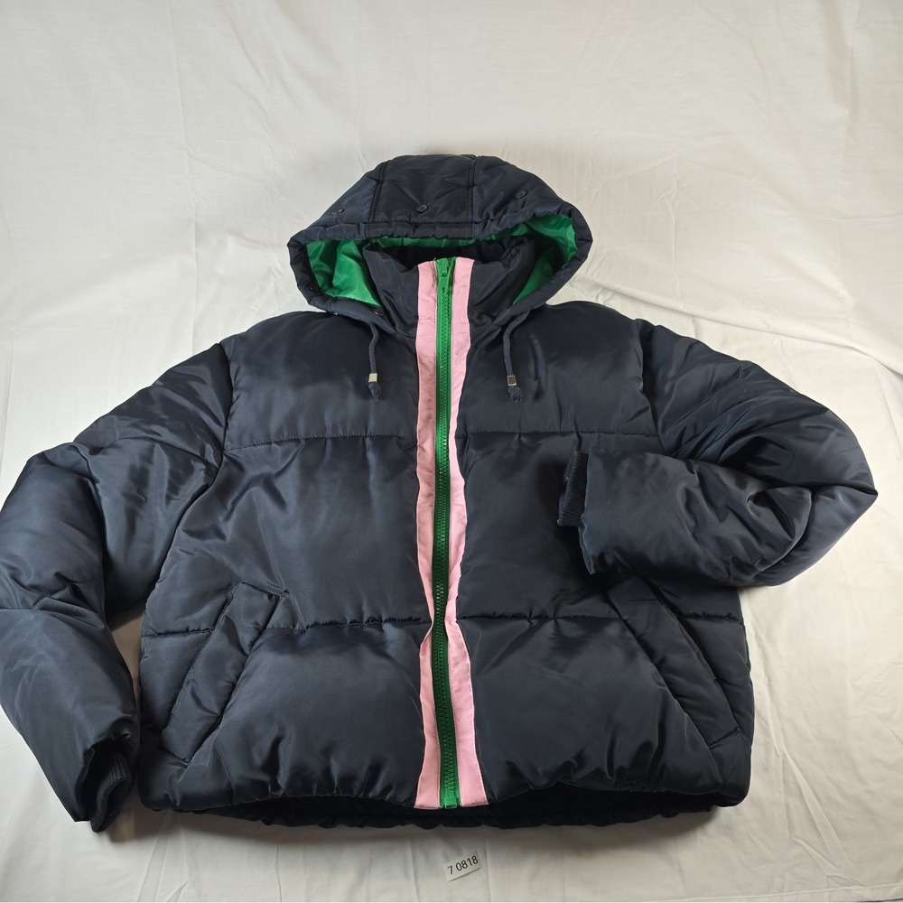 Y2K Topshop Navy Blue Over Sized Puffer Jacket W/ Hood Pink Green Zip US Size 10